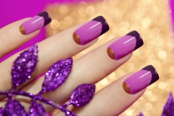 Two-tone French manicure pink and purple colors for brilliant background with decorative sheet